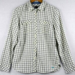 Talbots Women's Medium Grey Check Plaid with Silver Stitching Button Up Shirt